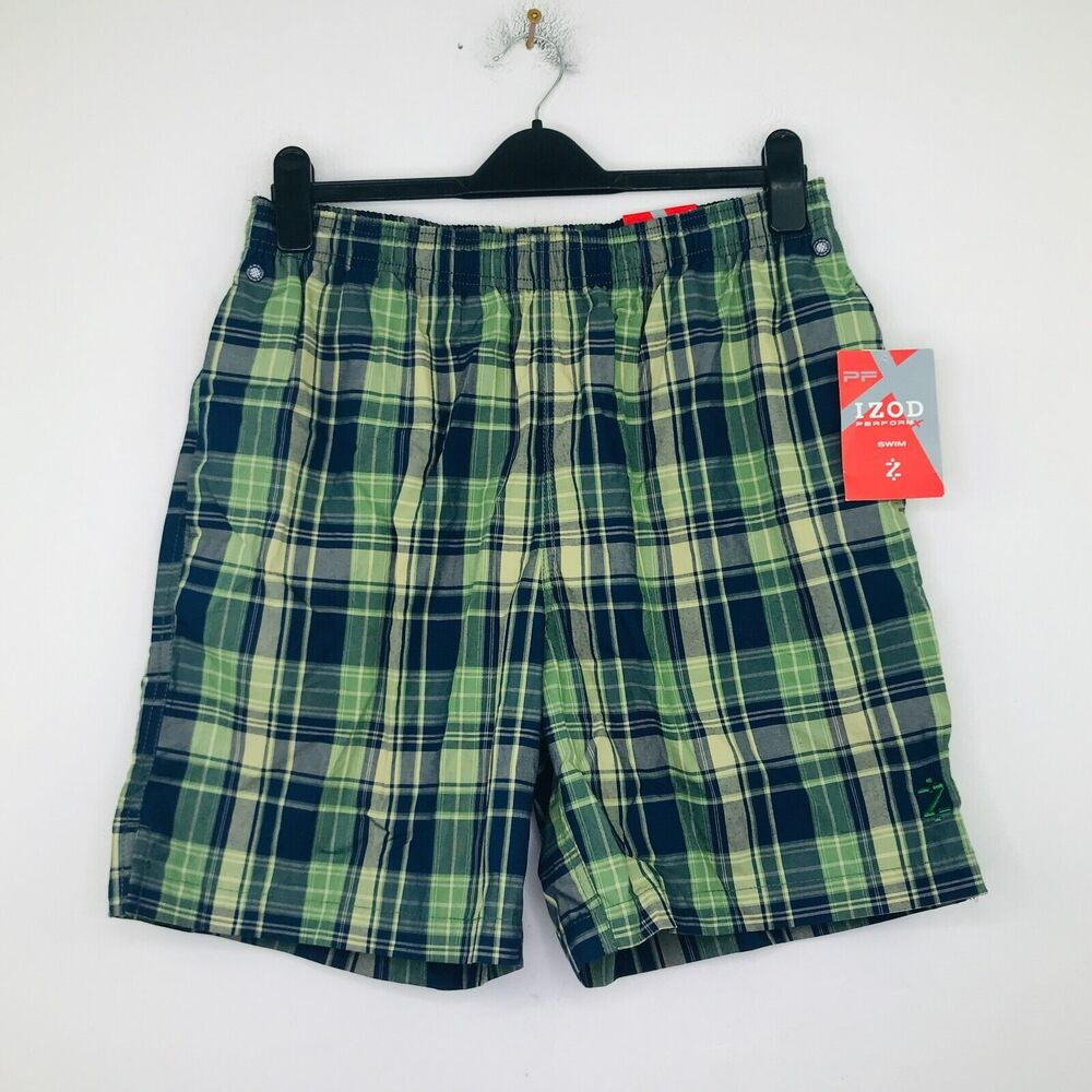 IZOD Men's Medium Swim Shorts Green Blue Plaid Mesh Lined Built in Brief NWT BM7
